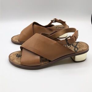 Sam Edelman Tan Strappy Heeled Sandals Faux Leather Gold Detail Women’s Size 7
